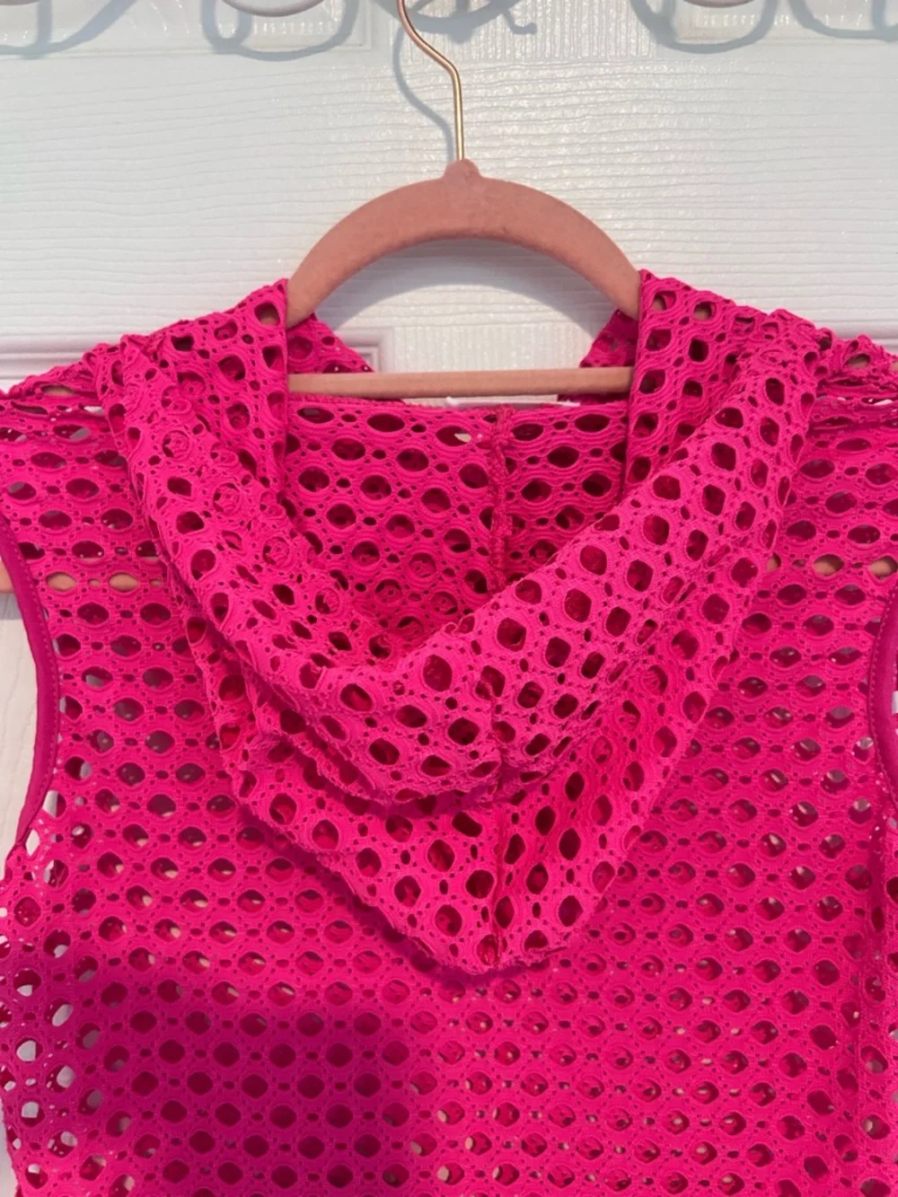Cotton Candy Hot Pink Hooded Crochet Beach Coverup Size S - Picture 7 of 7